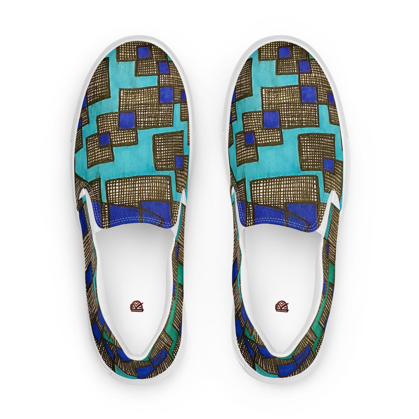 Multi-Blue Square Pattern Women's Slip-on Canvas Shoes