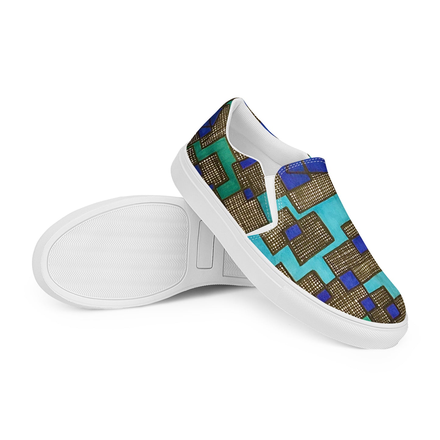 Multi-Blue Square Pattern Women's Slip-on Canvas Shoes